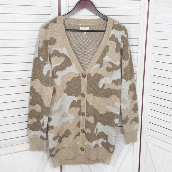Lucky Brand Dessert Camo V‎ Neck Long Cardigan Sweater Tan Cream Small - Picture 7 of 12